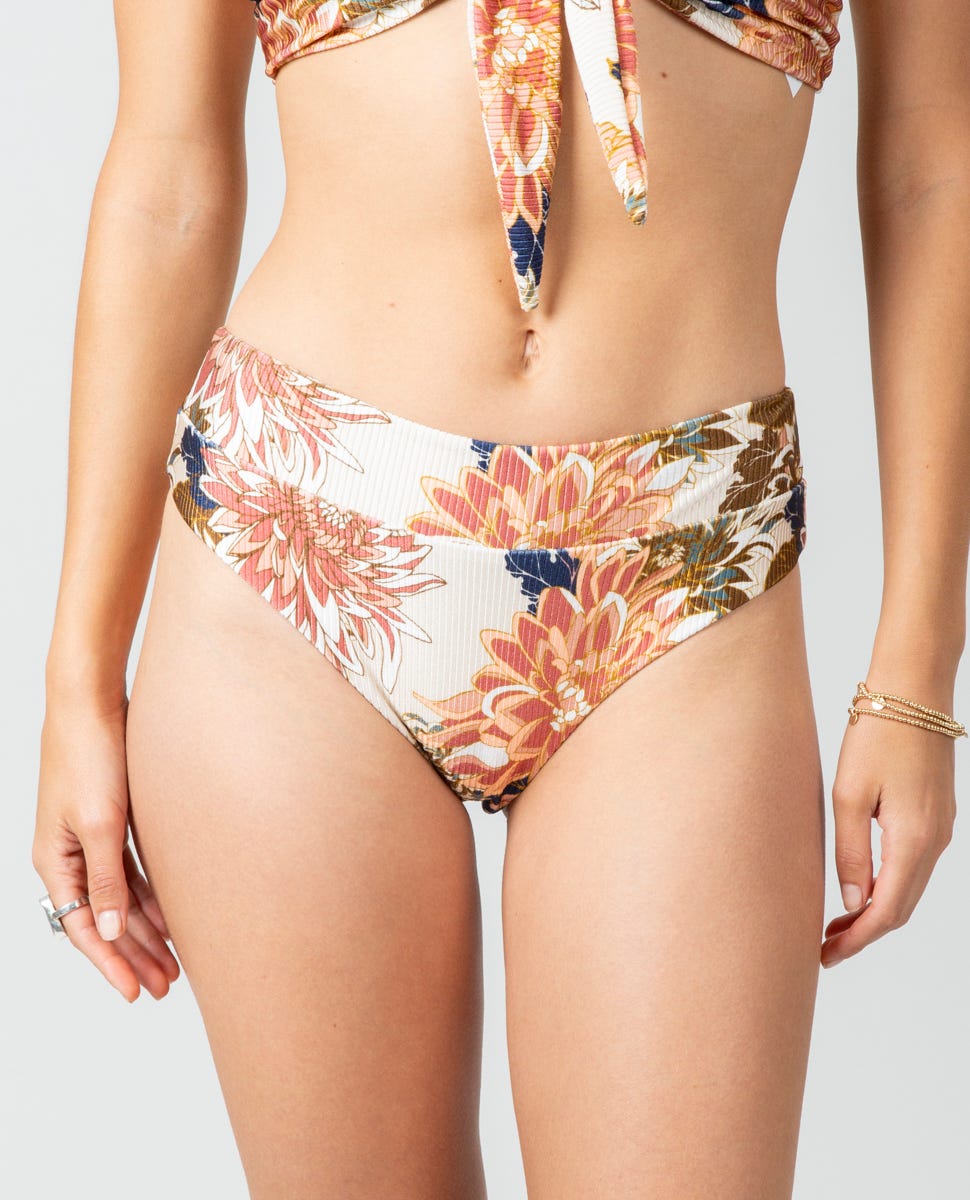 Rip Curl Sunsetters Floral High Waisted Cheeky Bikini Bottoms Natural M