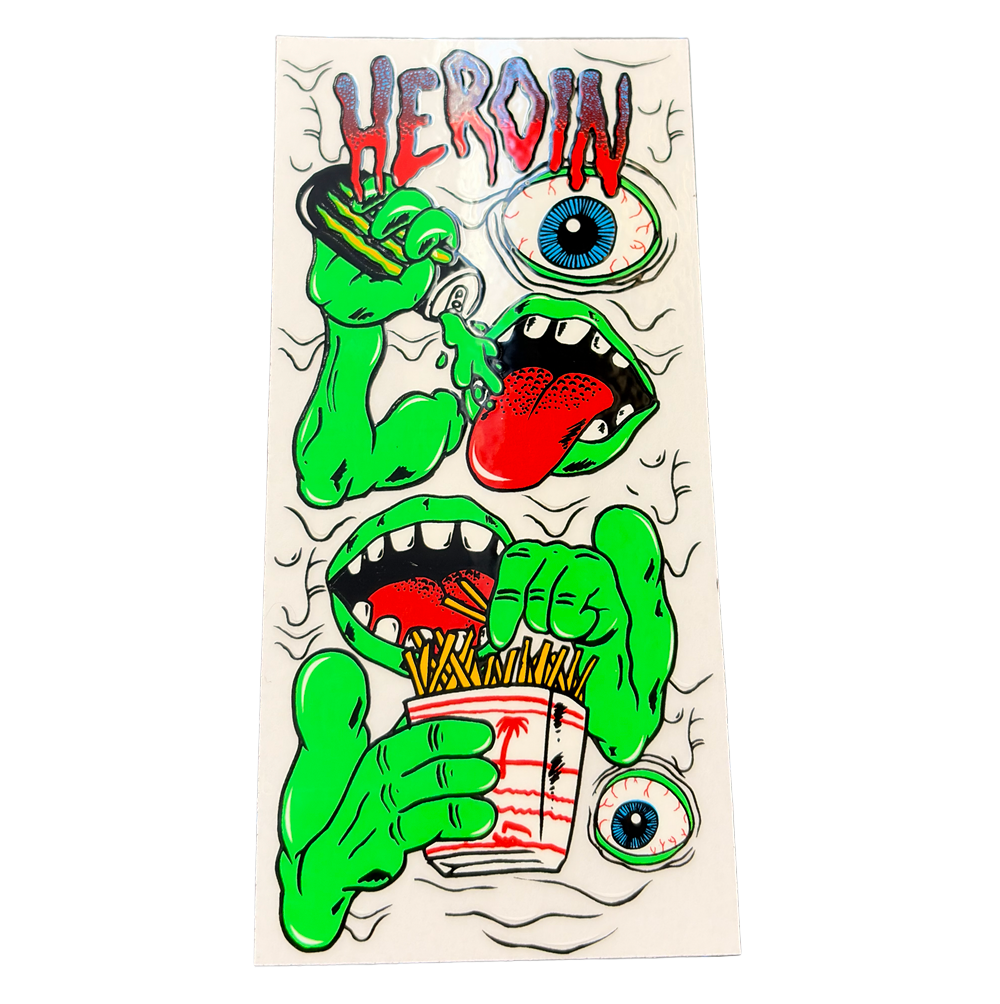 Heroin Mutate or Die Fries Sticker White Green 5.5in