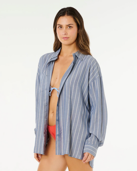 Rip Curl Beach Days Pinstrip Button Up Dusty Blue S