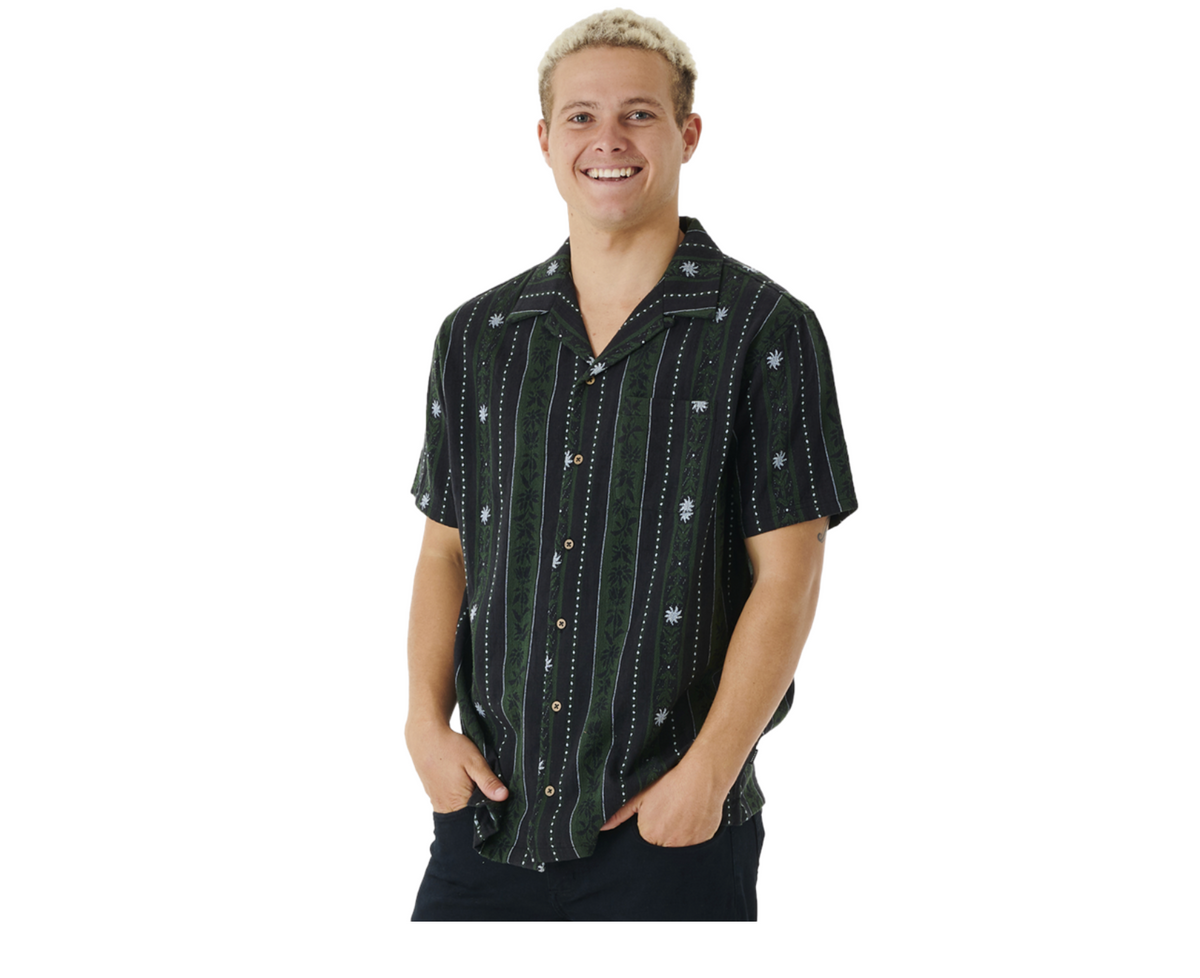 Rip Curl Topanga Verty Stripe Woven Button Up Mens Black Green XL